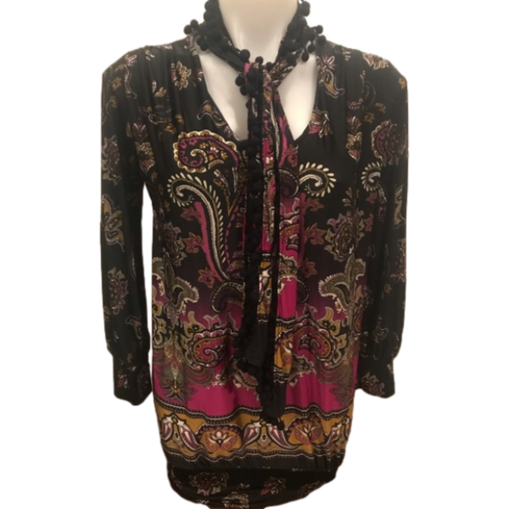 Bebe Black Paisley Multicoloured Tunic Long Sleeve Top with Neck Tie